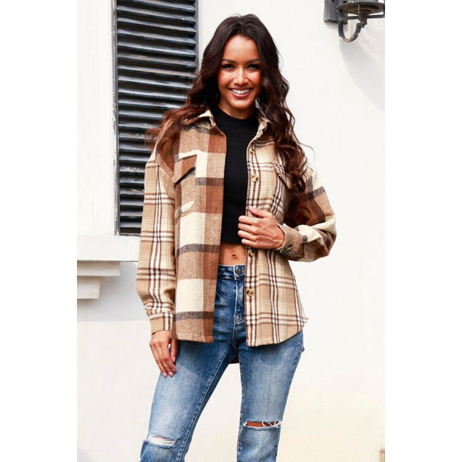 Plaid Button Up Collared Neck Long Sleeve Shacket Clothing