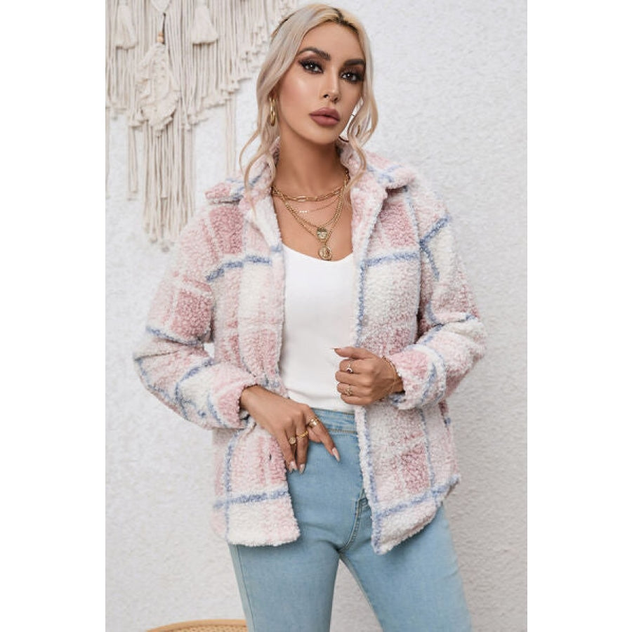 Plaid Button Up Collared Neck Long Sleeve Shacket Eggshell / S Clothing