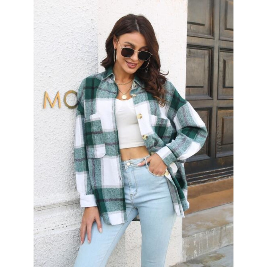 Plaid Button Up Collared Neck Long Sleeve Shirt Green / S