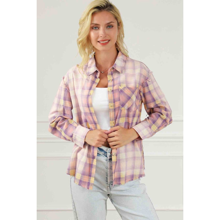 Plaid Button Up Collared Neck Long Sleeve Shirt Lavender / S