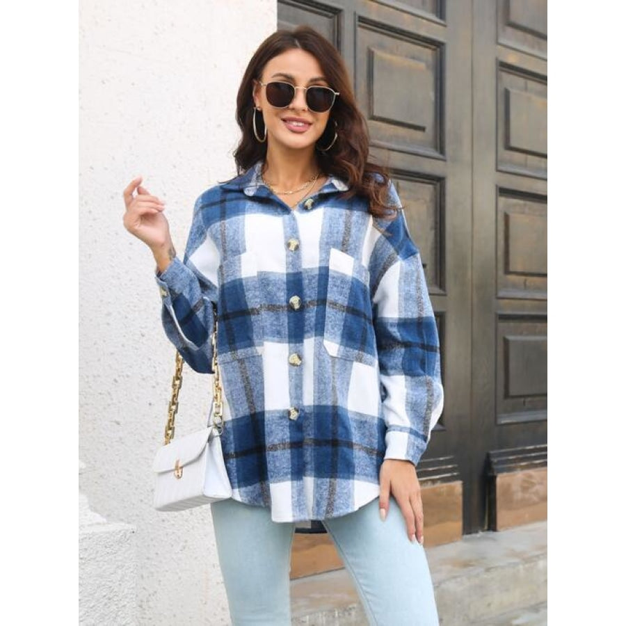 Plaid Button Up Collared Neck Long Sleeve Shirt Peacock Blue / S