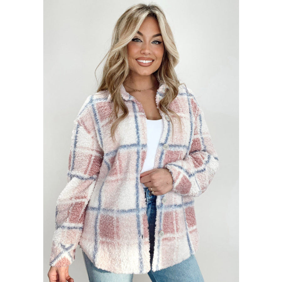 Plaid Button Up Collared Neck Sherpa Jacket Apparel and Accessories