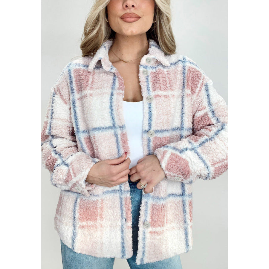 Plaid Button Up Collared Neck Sherpa Jacket Plaid / S Apparel and Accessories