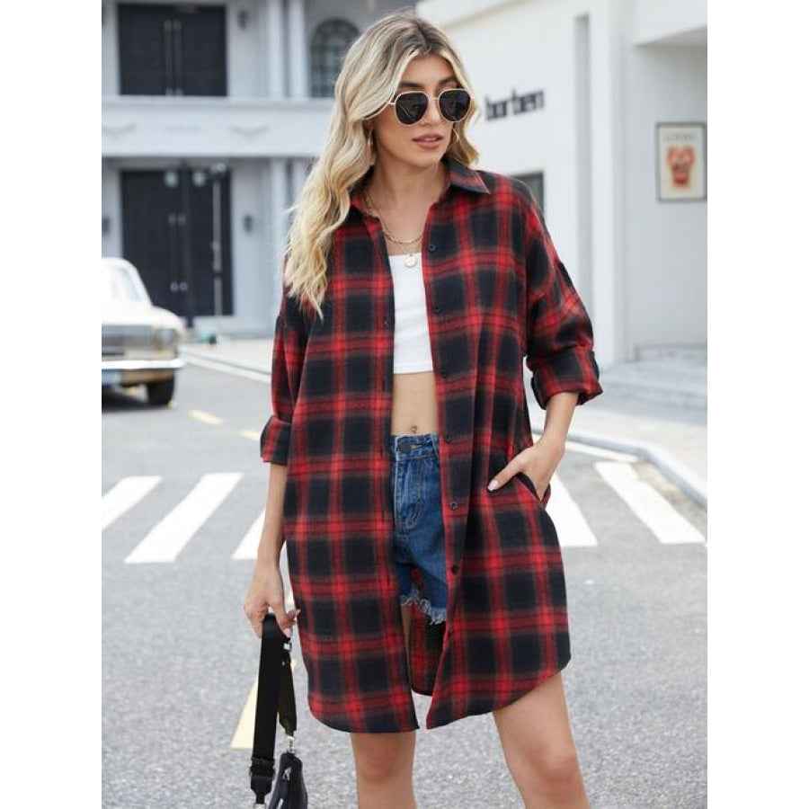 Plaid Button Up Collared Neck Shirt Brick Red / S