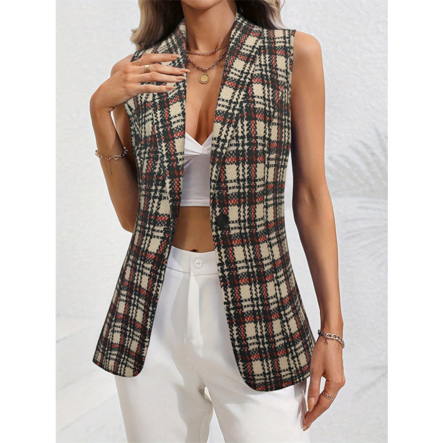 Plaid Button Up Collared Neck Vest Apparel and Accessories