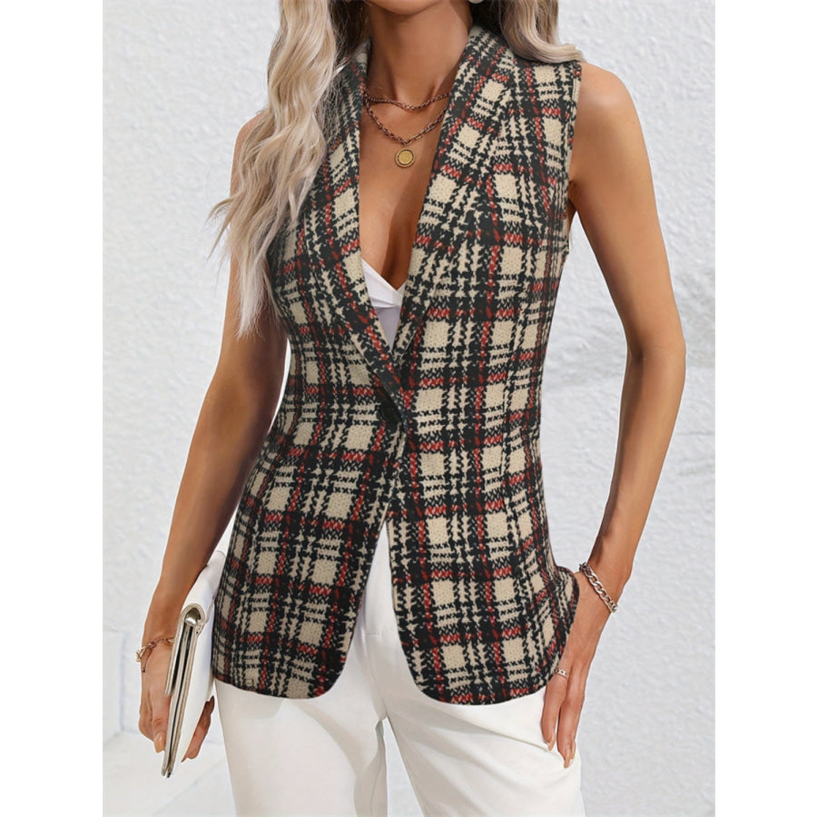 Plaid Button Up Collared Neck Vest Apparel and Accessories