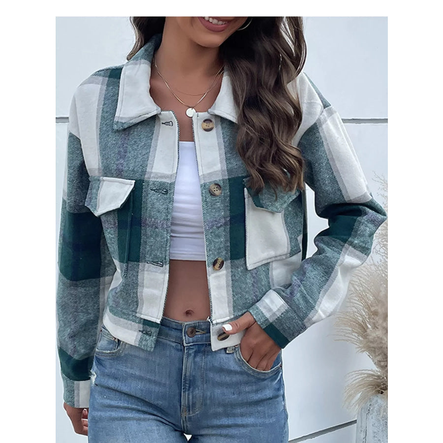 Plaid Button-Up Cropped Jacket Apparel and Accessories