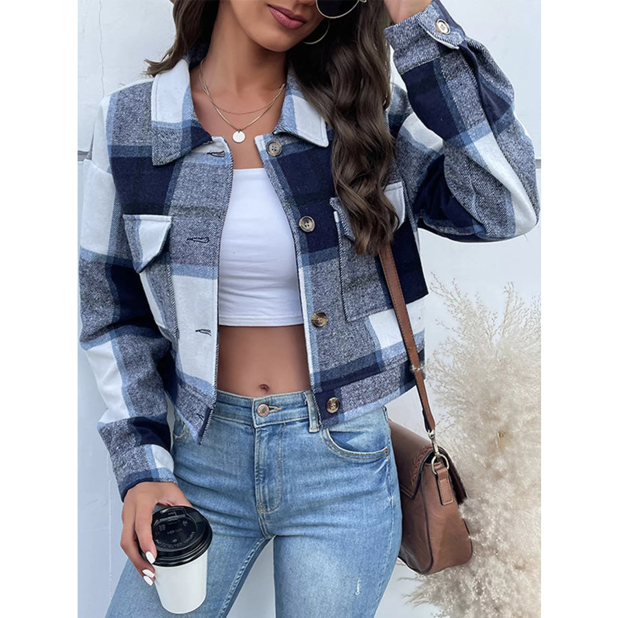 Plaid Button-Up Cropped Jacket Apparel and Accessories