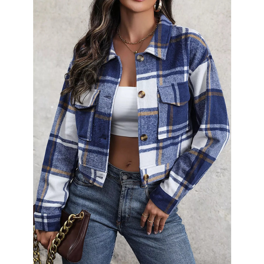 Plaid Button-Up Cropped Jacket Apparel and Accessories