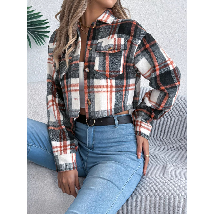 Plaid Button-Up Cropped Jacket Apparel and Accessories