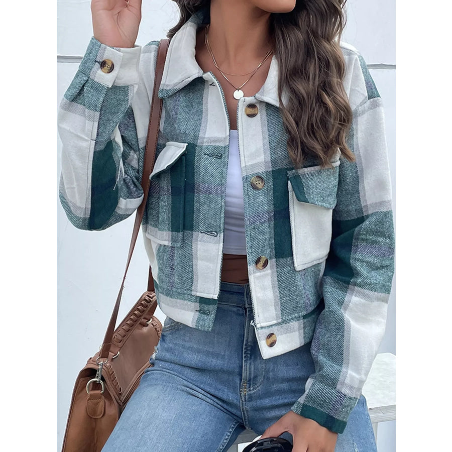 Plaid Button-Up Cropped Jacket Apparel and Accessories