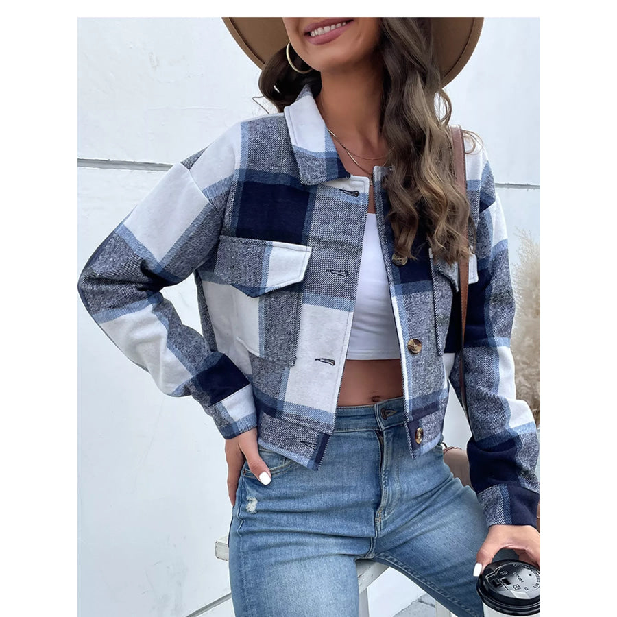 Plaid Button-Up Cropped Jacket Apparel and Accessories