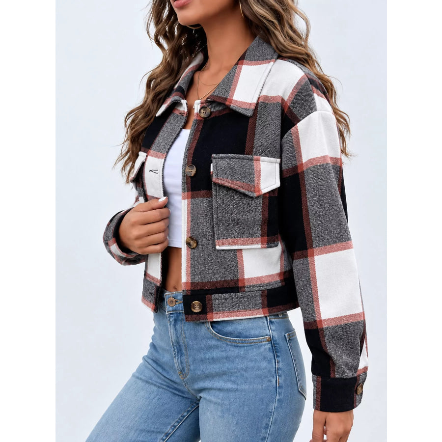 Plaid Button-Up Cropped Jacket Apparel and Accessories