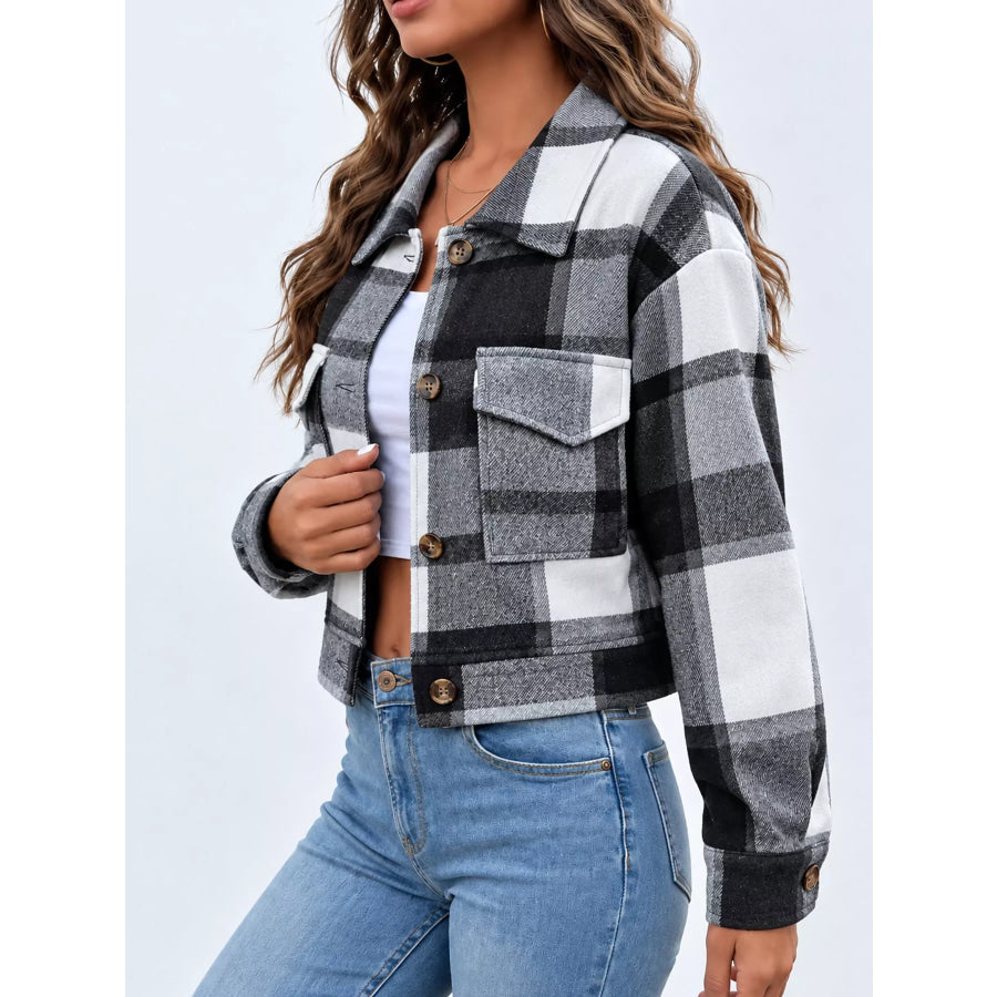 Plaid Button-Up Cropped Jacket Apparel and Accessories