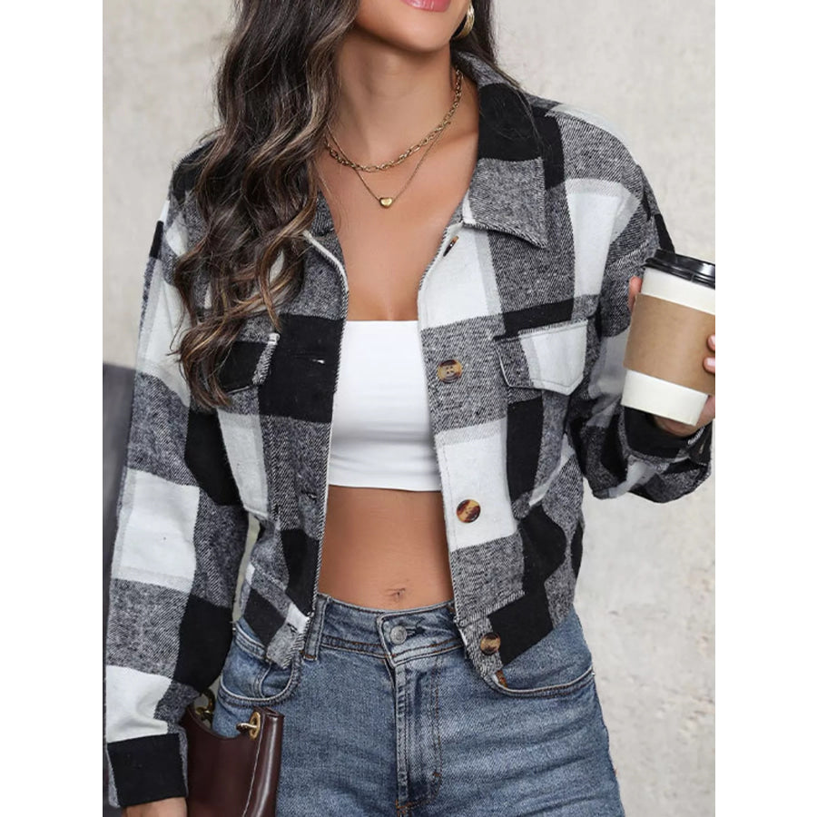 Plaid Button-Up Cropped Jacket Apparel and Accessories