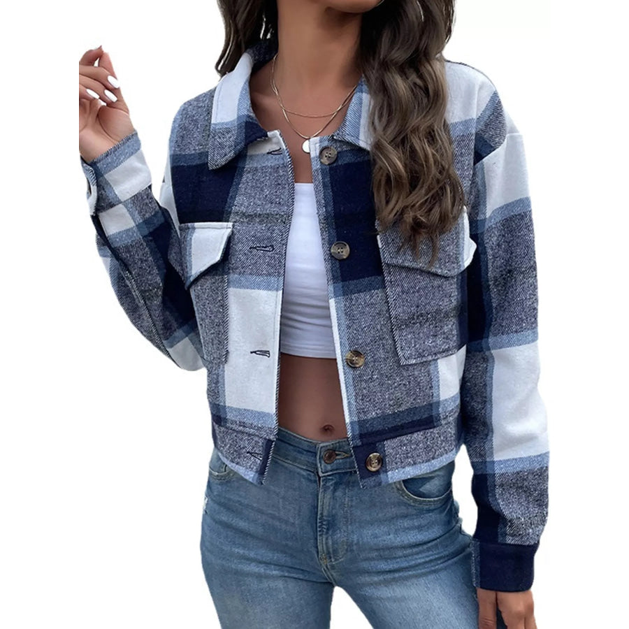 Plaid Button-Up Cropped Jacket Apparel and Accessories