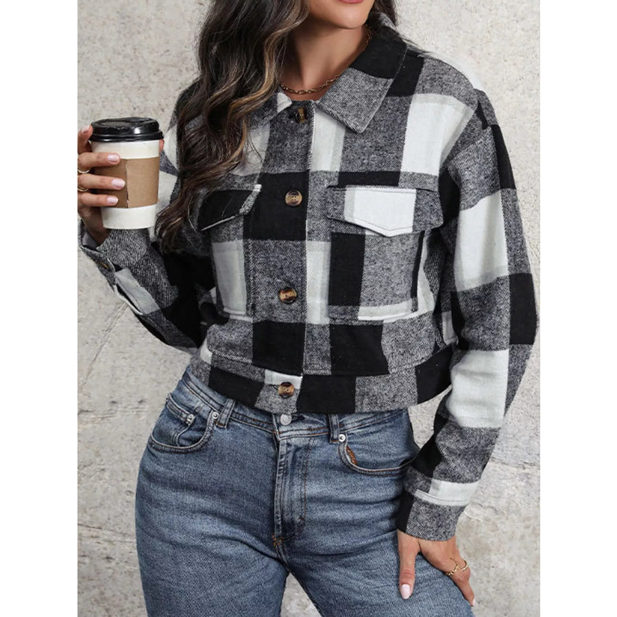 Plaid Button-Up Cropped Jacket Apparel and Accessories