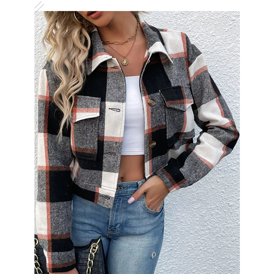 Plaid Button-Up Cropped Jacket Apparel and Accessories