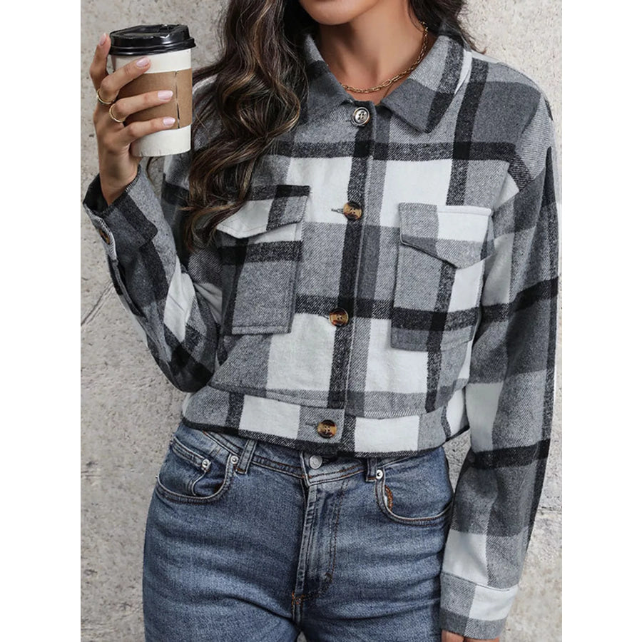 Plaid Button-Up Cropped Jacket Apparel and Accessories