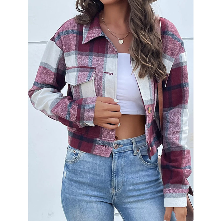 Plaid Button-Up Cropped Jacket Apparel and Accessories
