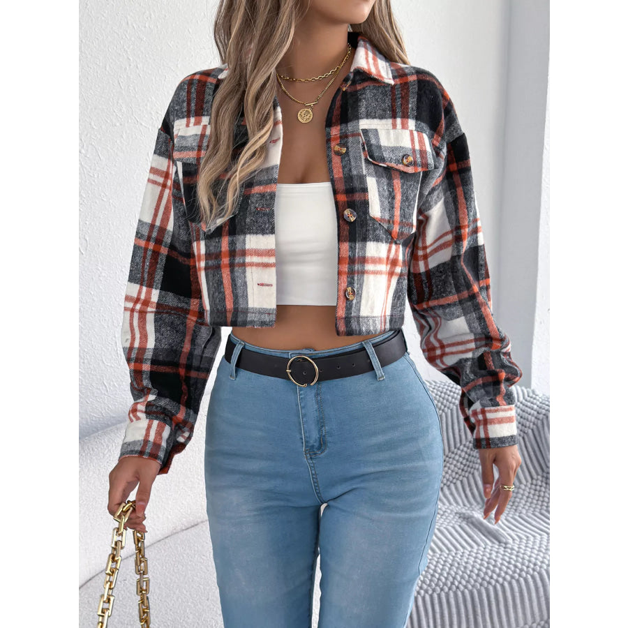 Plaid Button-Up Cropped Jacket Apparel and Accessories