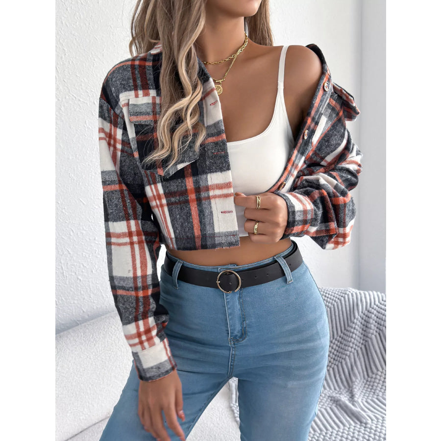 Plaid Button-Up Cropped Jacket Apparel and Accessories