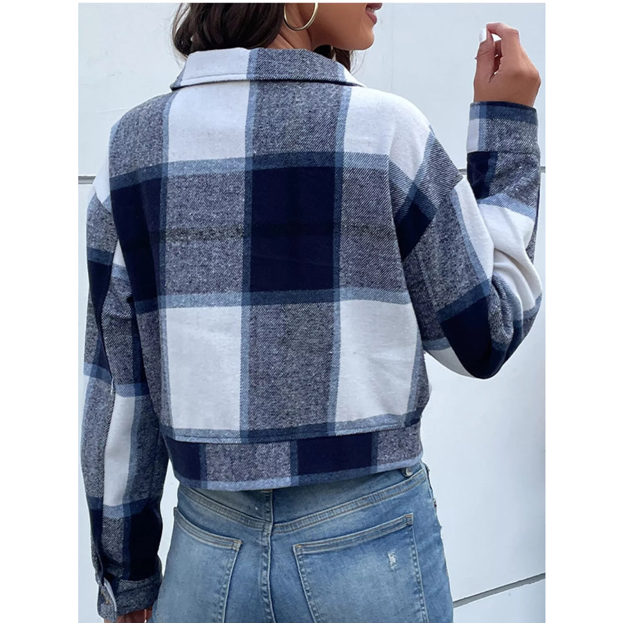 Plaid Button-Up Cropped Jacket Apparel and Accessories