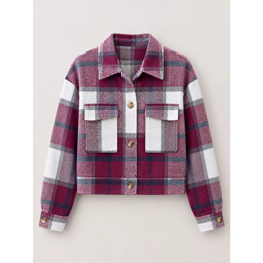 Plaid Button-Up Cropped Jacket Apparel and Accessories