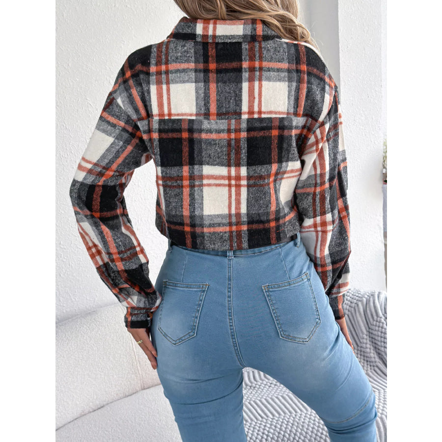 Plaid Button-Up Cropped Jacket Apparel and Accessories