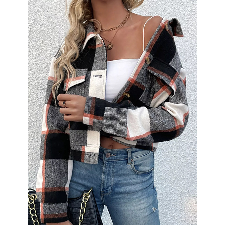Plaid Button-Up Cropped Jacket Apparel and Accessories