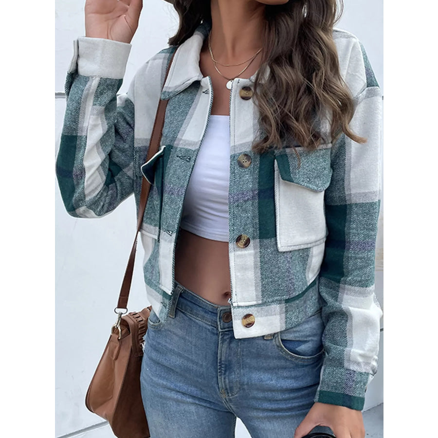 Plaid Button-Up Cropped Jacket Apparel and Accessories