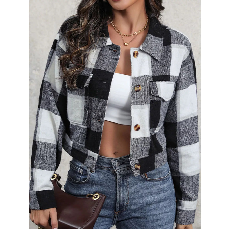 Plaid Button-Up Cropped Jacket Apparel and Accessories