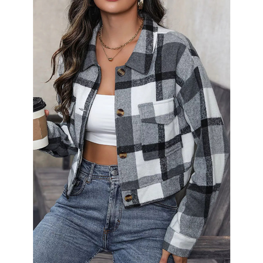 Plaid Button-Up Cropped Jacket Apparel and Accessories