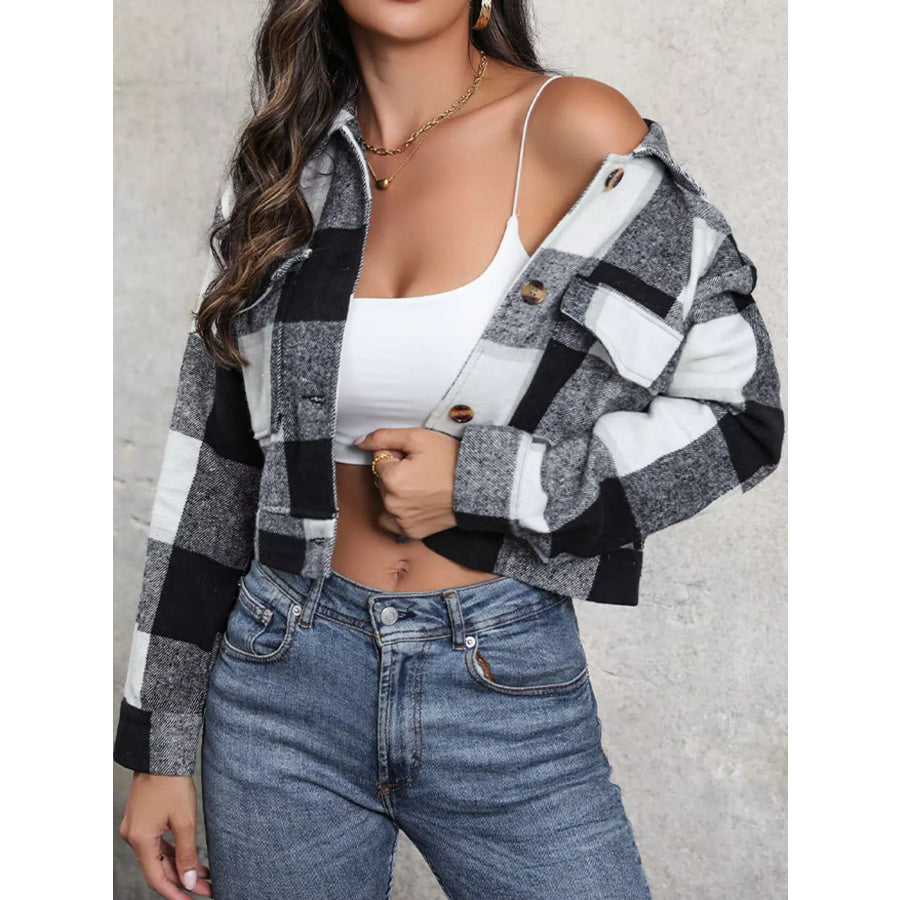 Plaid Button-Up Cropped Jacket Apparel and Accessories