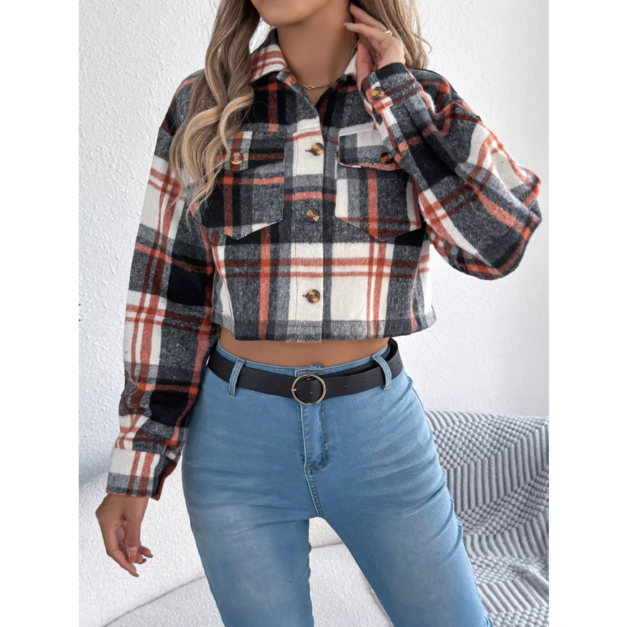 Plaid Button-Up Cropped Jacket Apparel and Accessories