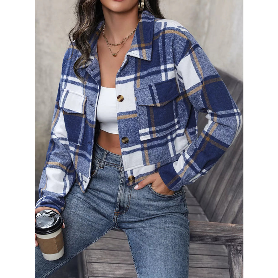 Plaid Button-Up Cropped Jacket Apparel and Accessories