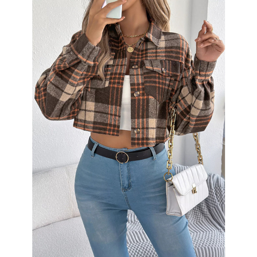 Plaid Button-Up Cropped Jacket Apparel and Accessories