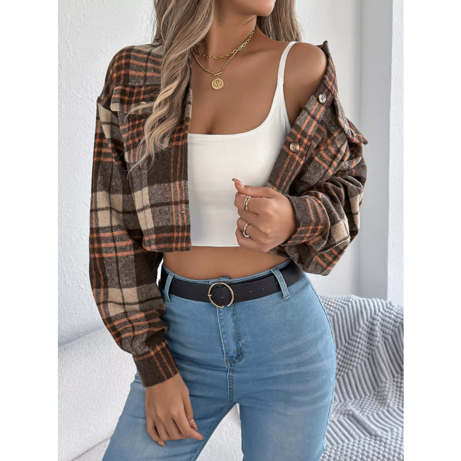 Plaid Button-Up Cropped Jacket Apparel and Accessories