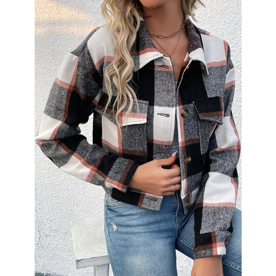 Plaid Button-Up Cropped Jacket Apparel and Accessories