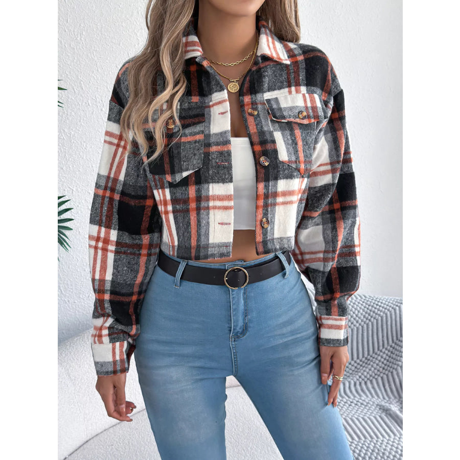 Plaid Button-Up Cropped Jacket Black / S Apparel and Accessories