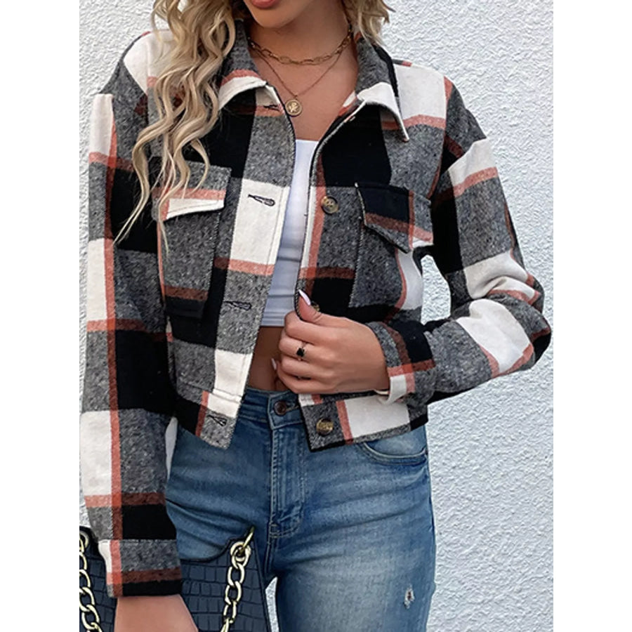 Plaid Button-Up Cropped Jacket Black / S Apparel and Accessories