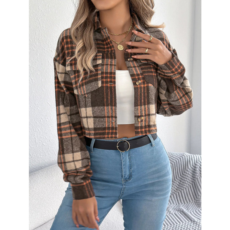 Plaid Button-Up Cropped Jacket Brown / S Apparel and Accessories