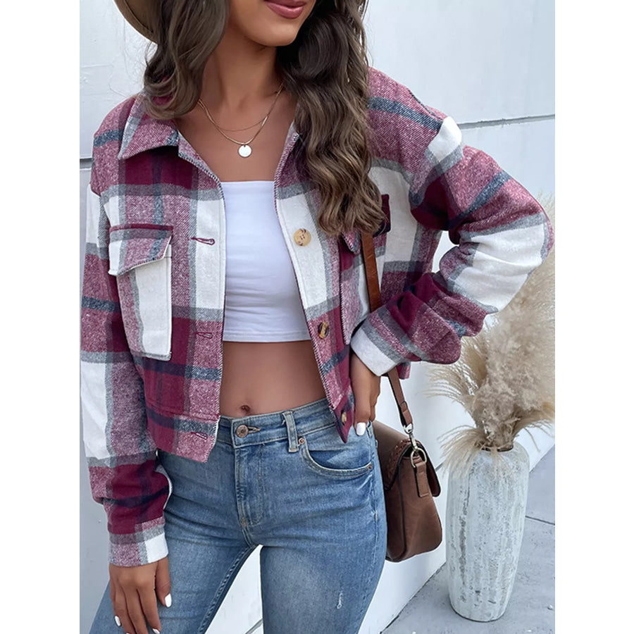 Plaid Button-Up Cropped Jacket Burgundy / XS Apparel and Accessories