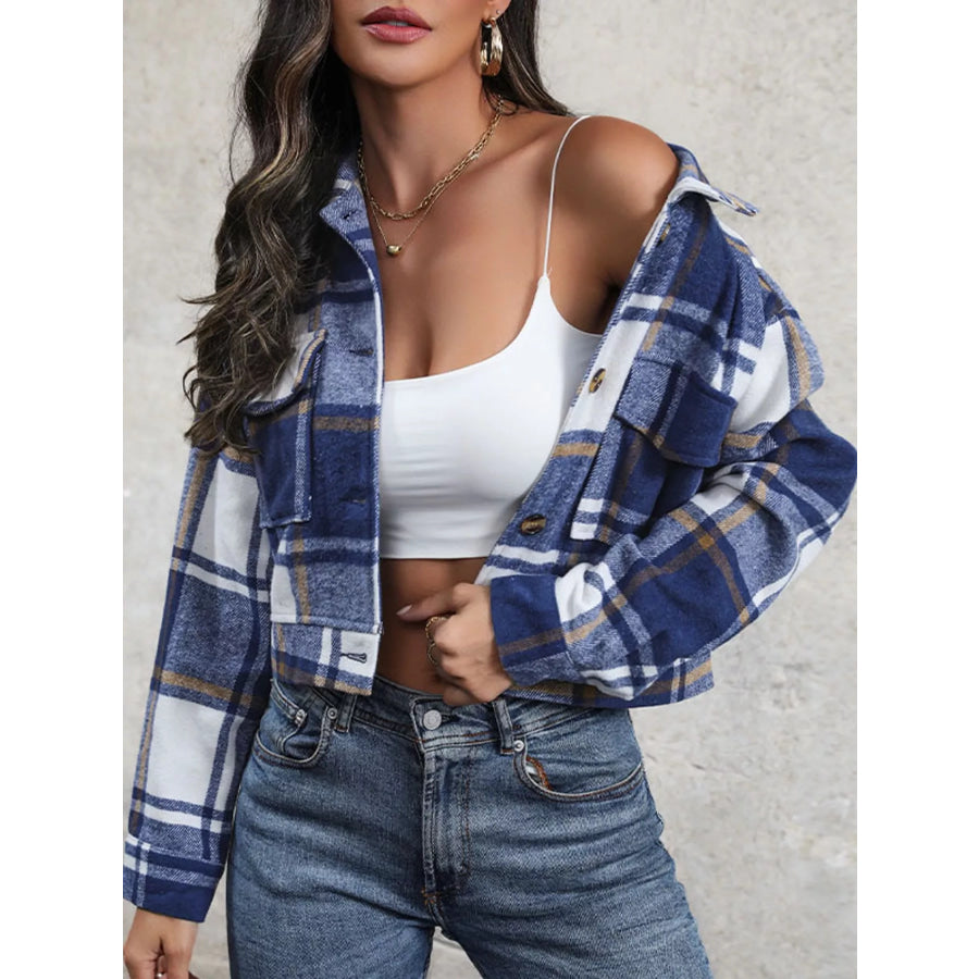 Plaid Button-Up Cropped Jacket Dusty Blue / XS Apparel and Accessories
