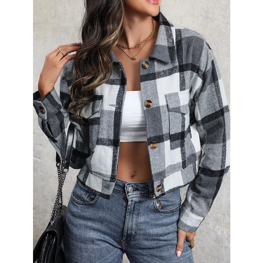Plaid Button-Up Cropped Jacket Gray / XS Apparel and Accessories