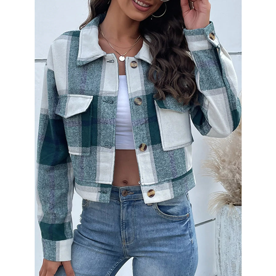 Plaid Button-Up Cropped Jacket Green / XS Apparel and Accessories