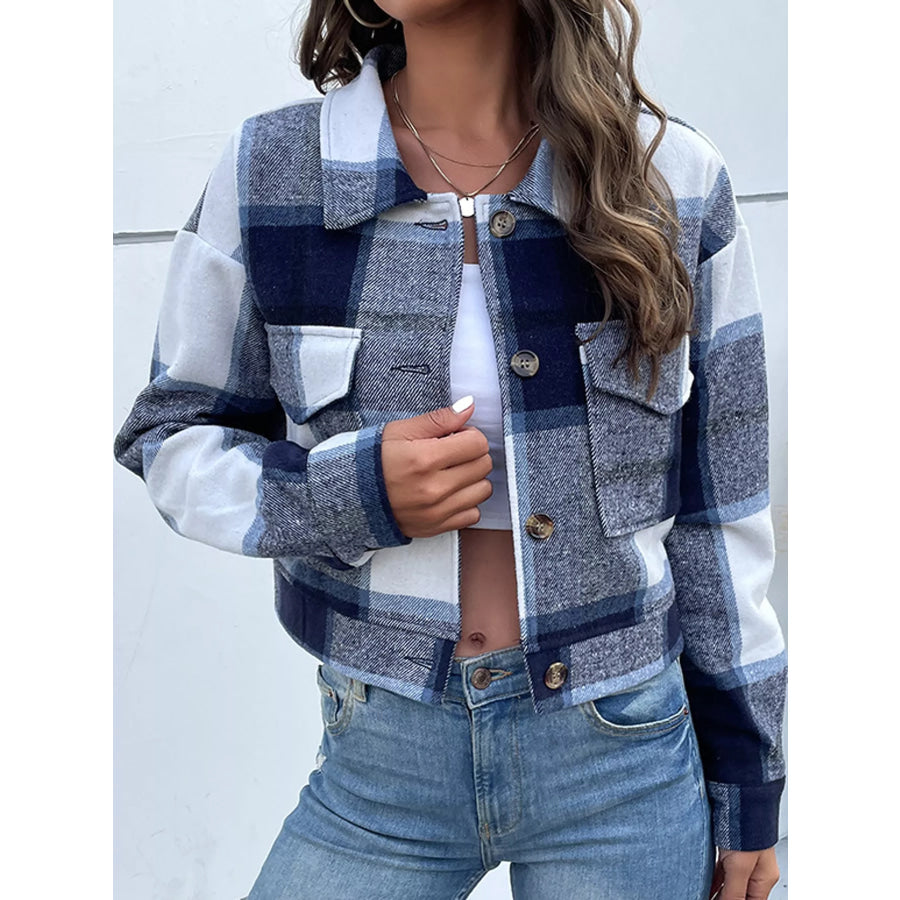 Plaid Button-Up Cropped Jacket Navy / XS Apparel and Accessories