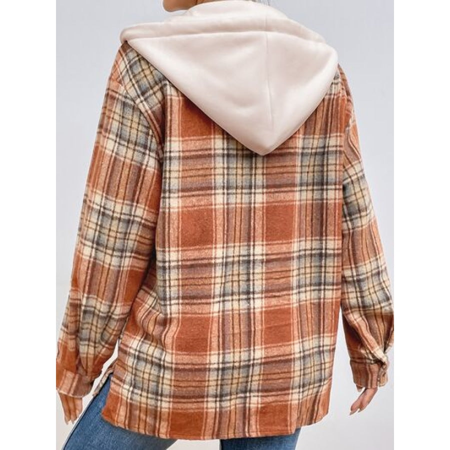 Plaid Button Up Drawstring Hooded Jacket Clothing