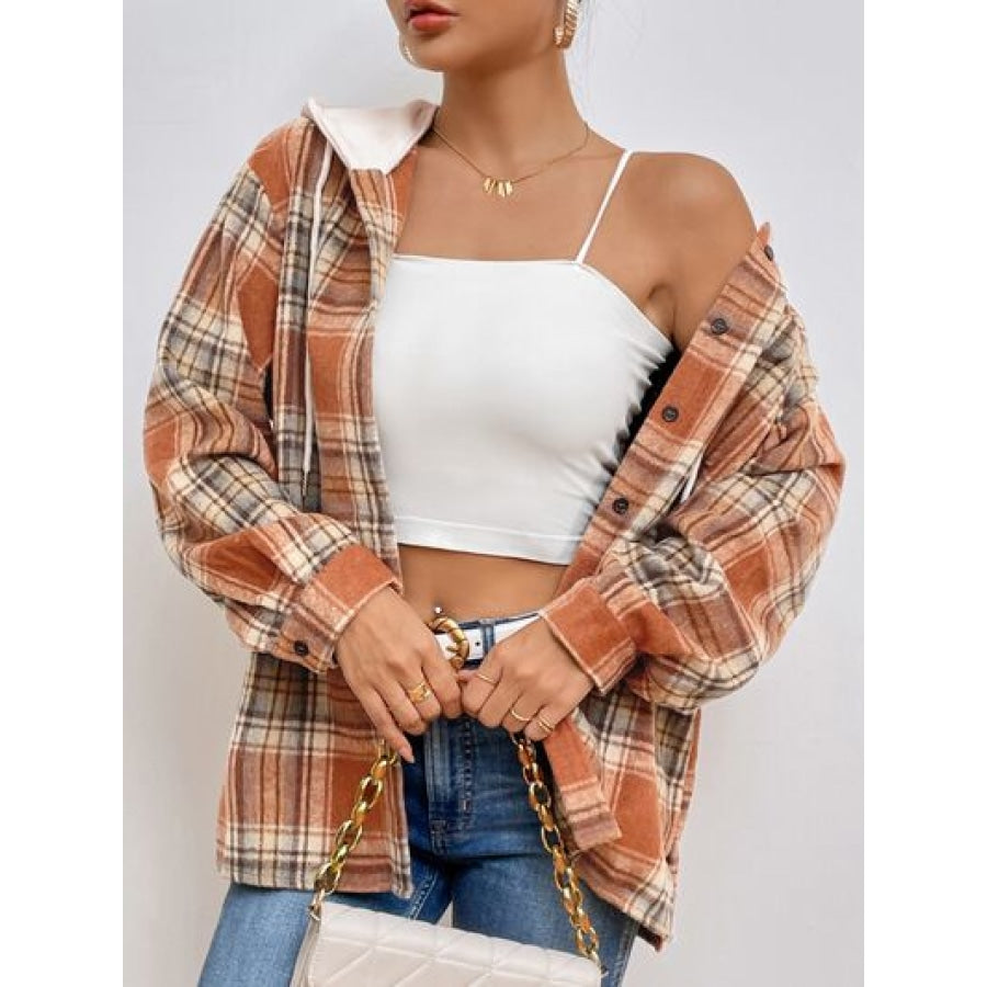 Plaid Button Up Drawstring Hooded Jacket Clothing