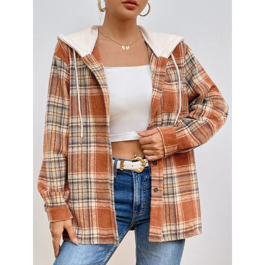 Plaid Button Up Drawstring Hooded Jacket Ochre / M Clothing